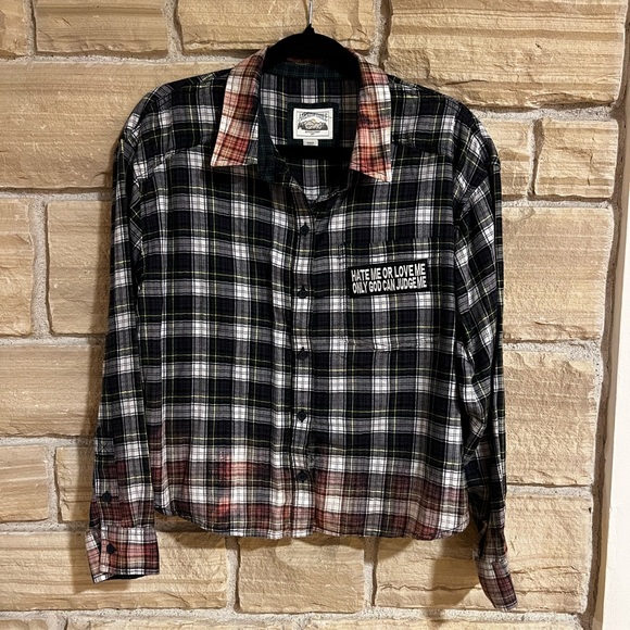 American Eagle plaid shirt with funny quotes patches Tie Dye size M - Picture 1 of 6